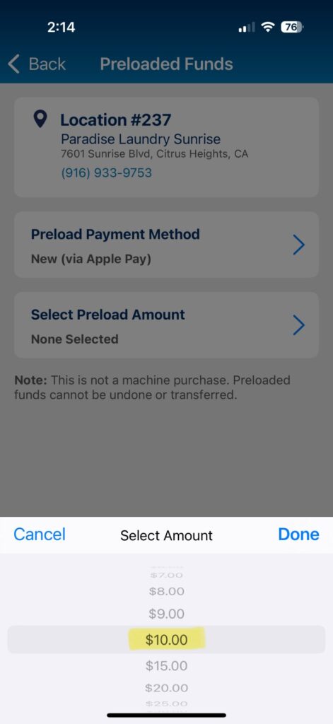 Preloaded funds screen on DexterPay app for Paradise Laundry, showing location details, payment method options, and selectable preload amounts including highlighted $10.00 option.