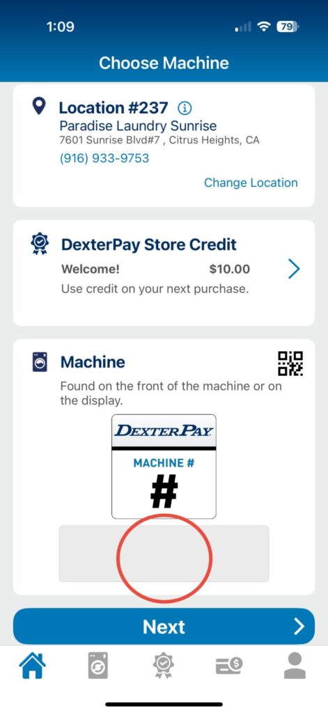 App interface displaying Paradise Laundry location details, DexterPay store credit balance, and machine selection instructions.